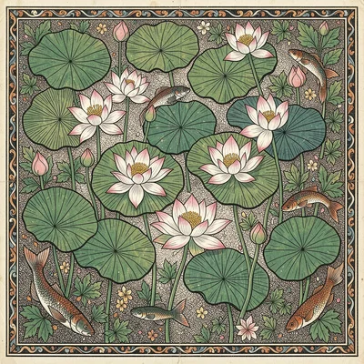 Lotus pond from above — open blooms, buds, and lily pads in dense arrangement
