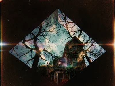 Haunted house merged with bare tree canopy, double exposure, dark mood
