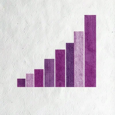 Riso poster of overlapping halftone bar-chart shapes climbing left to right, sin