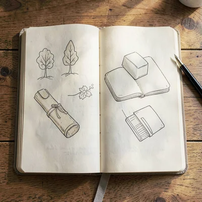 Top-down of an open notebook with neat hand-drawn diagrams (no readable text)
