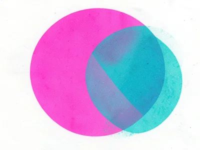 Risograph print of overlapping geometric circles in fluorescent pink and teal, h