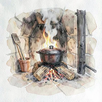 Loose watercolor of a wood-fired hearth with a Dutch oven on the grate