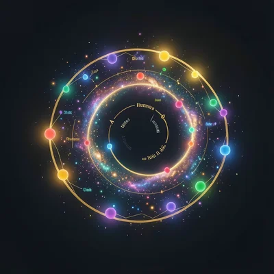 A spiral timeline: events arranged along a golden spiral, each event a colored d