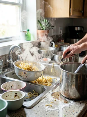 Pasta draining in colander with dense steam