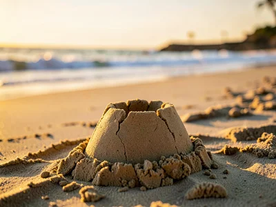 Family building sandcastle on wide sandy beach, waves in background, golden hour