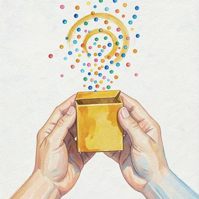 Holding a small mustard box partially open, two hands let confetti dots escape u