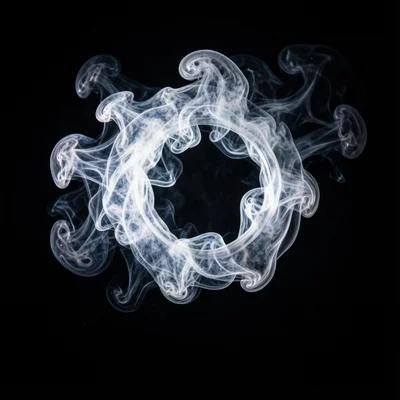 Smoke ring captured at the moment it begins to distort, studio flash, geometric 