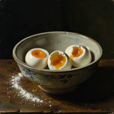 Three eggs in a ceramic bowl, one cracked with yolk running, flour dusted surfac