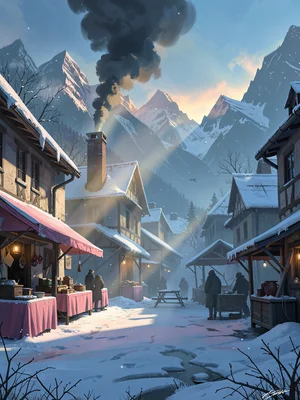Wintry mountain village trade square with low sun shaft through chimney smoke, w