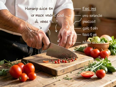 Chef's hands chopping, with technique diagram arrows and annotation overlay