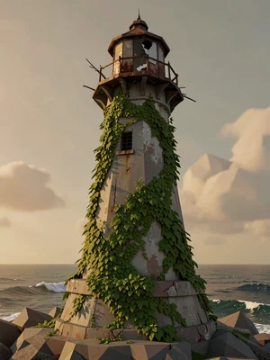 Coastal faceted lighthouse with thick ivy climbing two-thirds up its weathered s