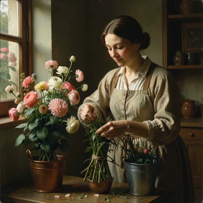 A florist arranging a bouquet, selecting stems from buckets of flowers, natural 