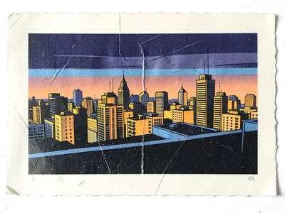 City rooftop skyline at dusk — two colors only, registration slight off-set visi