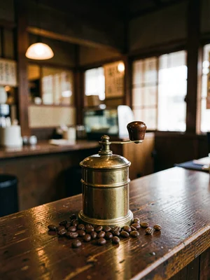 Brass Hand Grinder with Scattered Beans