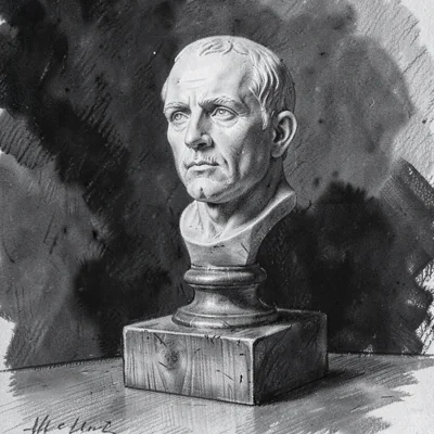 Charcoal study of a marble bust on a wooden plinth, smudgy dark background