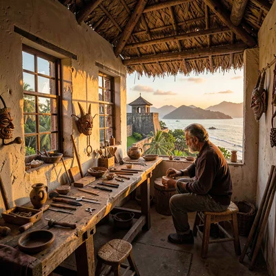 Galle fort golden hour, Dutch colonial tropical, Traditional mask maker carving 