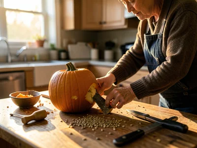 Person carving pumpkin at kitchen table, seeds and tools spread around, focused