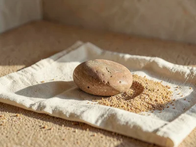 A solitary smooth river stone in warm sandstone tone resting on cream linen, gen