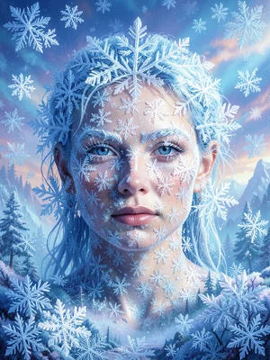 Portrait made of snowflakes, each flake visible, crystalline features, cold beau