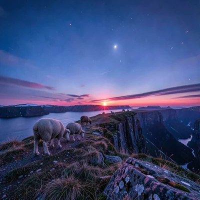 Polar liminal light, extended blue hours, Sheep grazing on a clifftop as twiligh