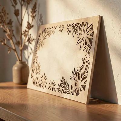 Papercraft ig-tile of a paper-cut canvas leaning on a paper-cut wall, soft warm 
