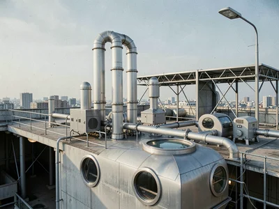 Rooftop mechanical equipment — ventilation stacks, pipe clusters, maintenance ga