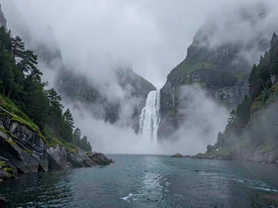 Waterfall visible through mist as white line