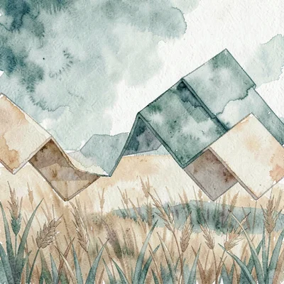 Vector banner of folded sample slabs cascading across a wide field, dusty teal a