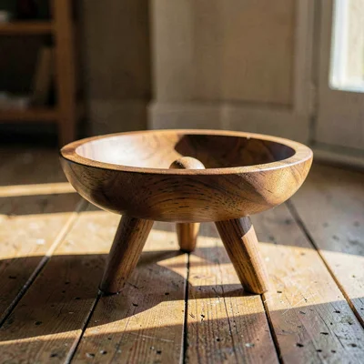 Centered hero of a hand-turned wooden food-bowl stand on a worn floor, late-afte
