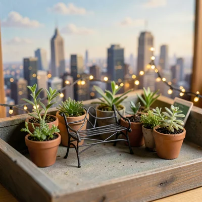 A miniature rooftop garden: tiny plants in thimble pots, a wire bench, fairy lig