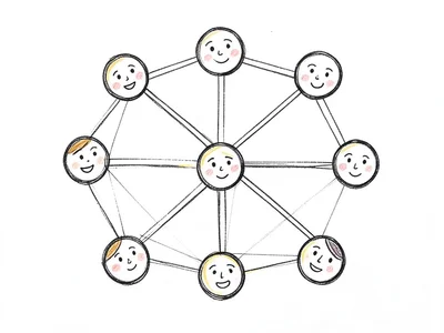 A network of connected people drawn as simple circles with faces, lines connecti