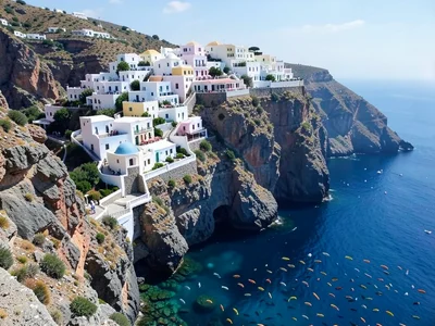 Greek white village cascading down cliff but cliff continues underwater, fish be