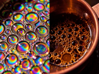 Macro of caramelizing sugar in a copper pan, amber liquid forming bubble pattern