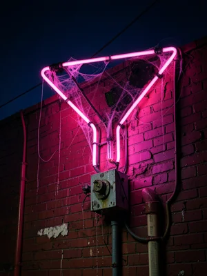 A cocktail lounge sign on a brick wall, a martini glass shape formed from bent n