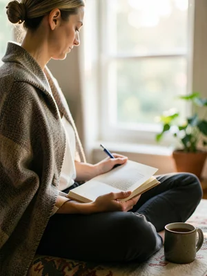 Person journaling after meditation, tea beside them, blanket wrapped around shou