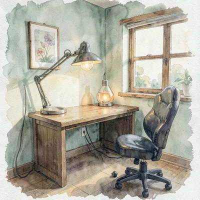 Atmospheric watercolor of a small exotic vet exam room with a low table and a he