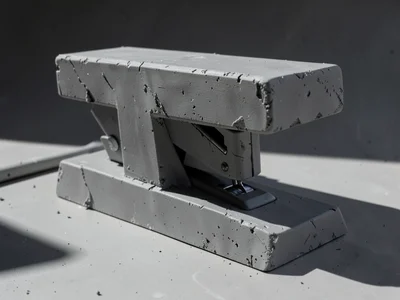 Massive desktop stapler rendered as a brutalist desk monument, mass at the rear,