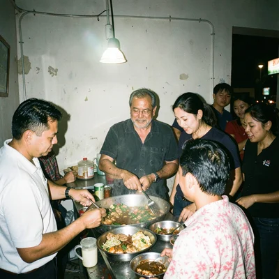 Street food vendor serving customers at night