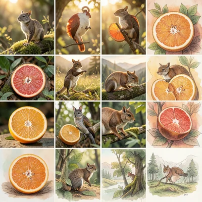 Fruit cross-sections arranged in grid, alternating between photo and watercolor 