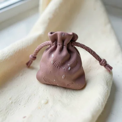 Cinched dusty-rose drawstring pouch with thumb dents along the seams and fingern
