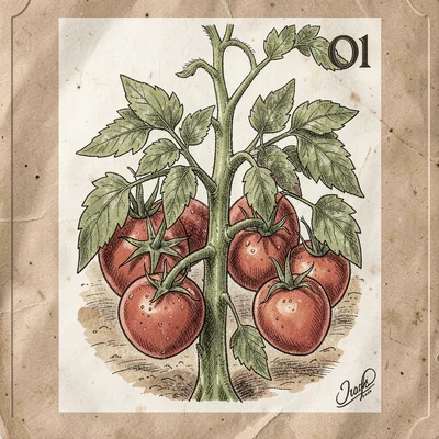 Artisan food packaging illustration, Heirloom tomatoes on vine , farm-to-table a