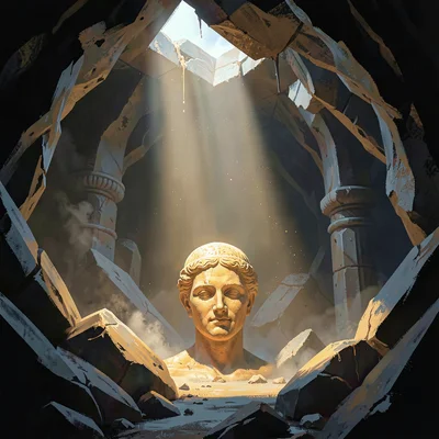 Subterranean ruins inside a cave, a beam from a collapsed ceiling lights an old 