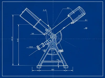 A technical drawing of a telescope: optical path, mirror arrangement, focuser, m