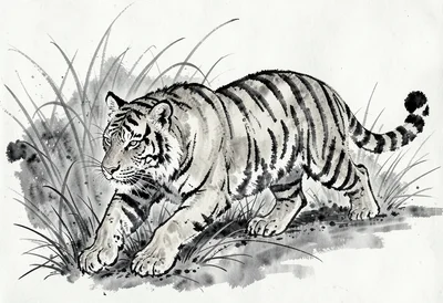 Tiger stalking sumi-e