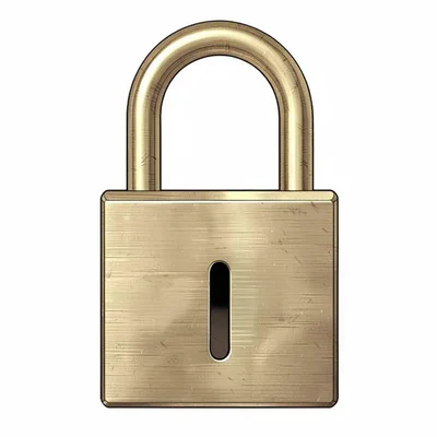 Plate of a brass padlock seen straight on, shackle drawn as a clean U-curve and 