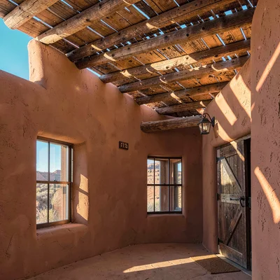 Santa Fe adobe warmth, high desert light clarity, Morning light through a vigas 
