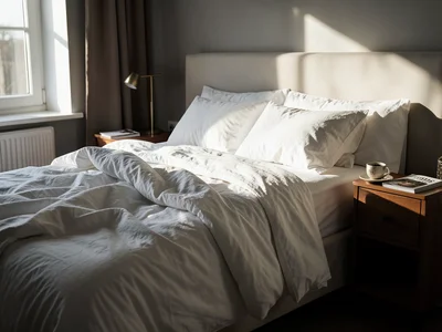 Morning scene: unmade bed with white linen, coffee on the nightstand, sunlight s