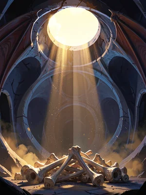 Yawning bat-cavern dome with a circular sky-pit beam ringing the floor, warm amb