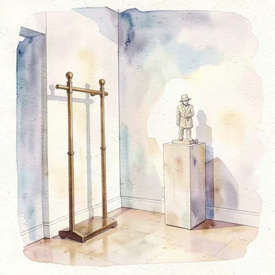 Watercolor of a gallery vestibule with a coat rack and a single sculpture on a p