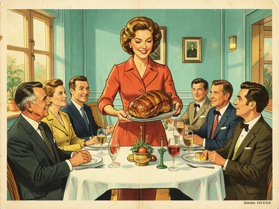 A dinner party scene: a hostess presenting a gleaming roast, guests in mid-centu